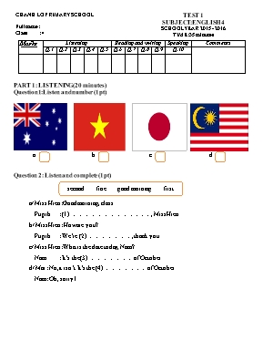 Đề kiểm tra môn Tiếng Anh Lớp 4 - Đề 1 - Năm học 2015-2016 - Trường Tiểu học Chánh Lộ
